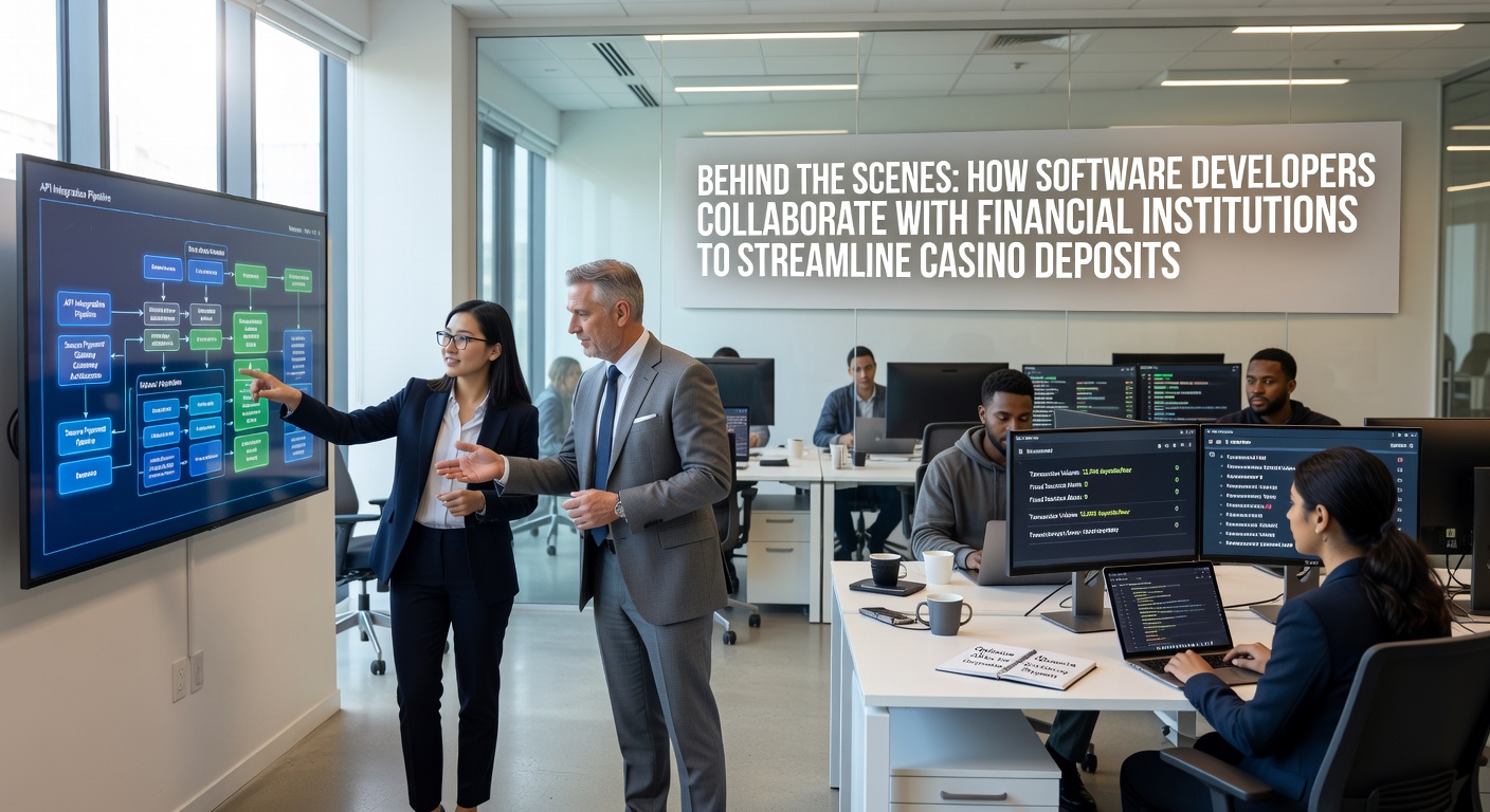 Software developers and financial experts reviewing casino payment integration diagrams on multiple screens
