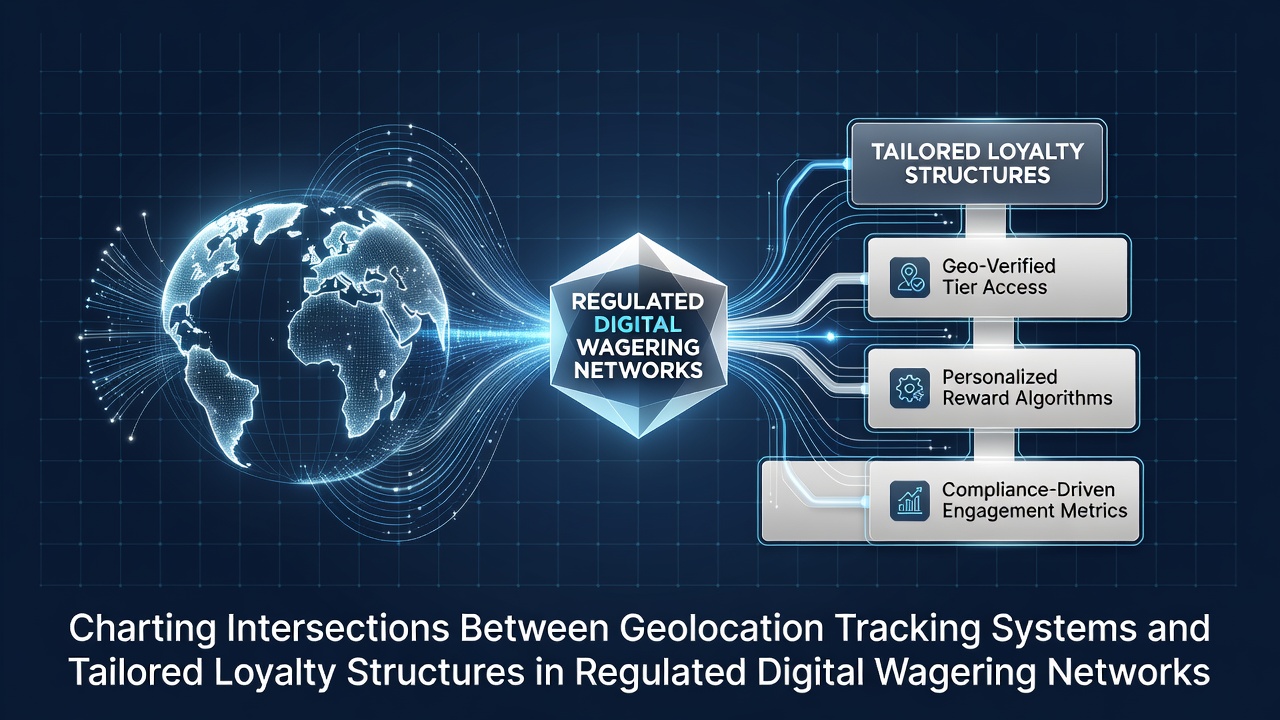 Illustration of geolocation tracking systems integrated with digital wagering platforms showing location boundaries and data flows