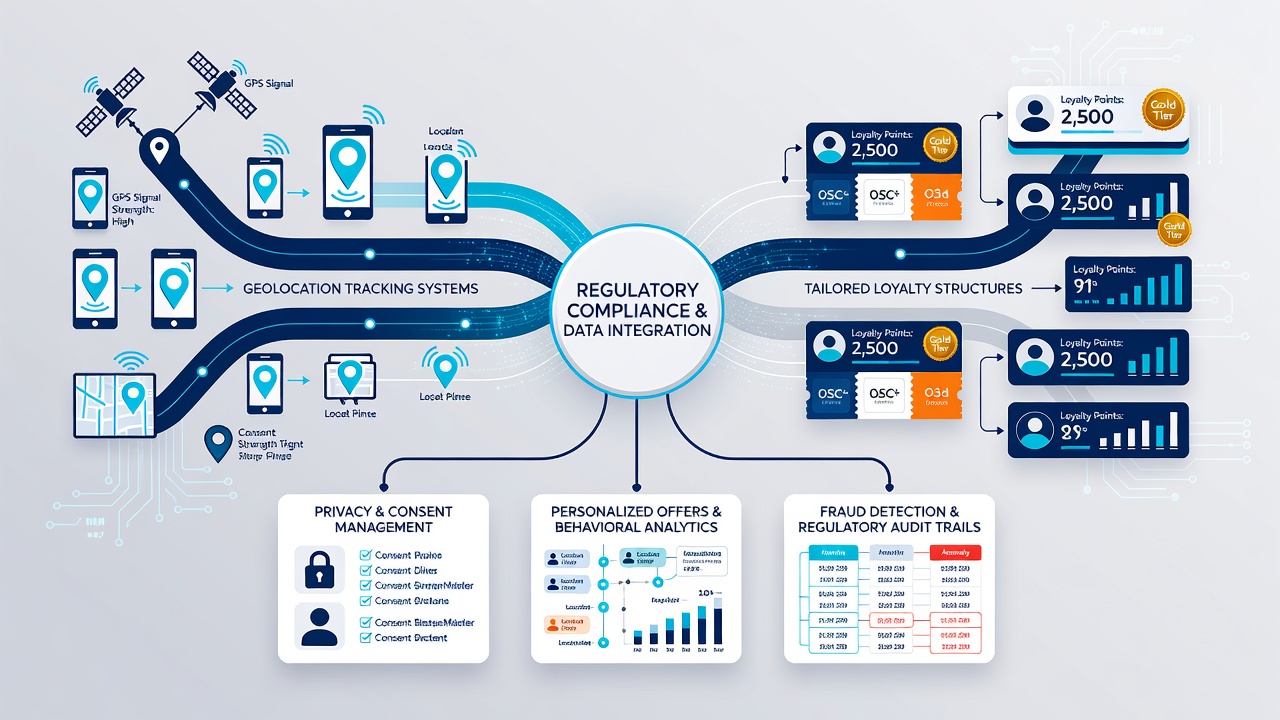 Diagram showing loyalty program tiers connected to geolocation data points in mobile wagering applications