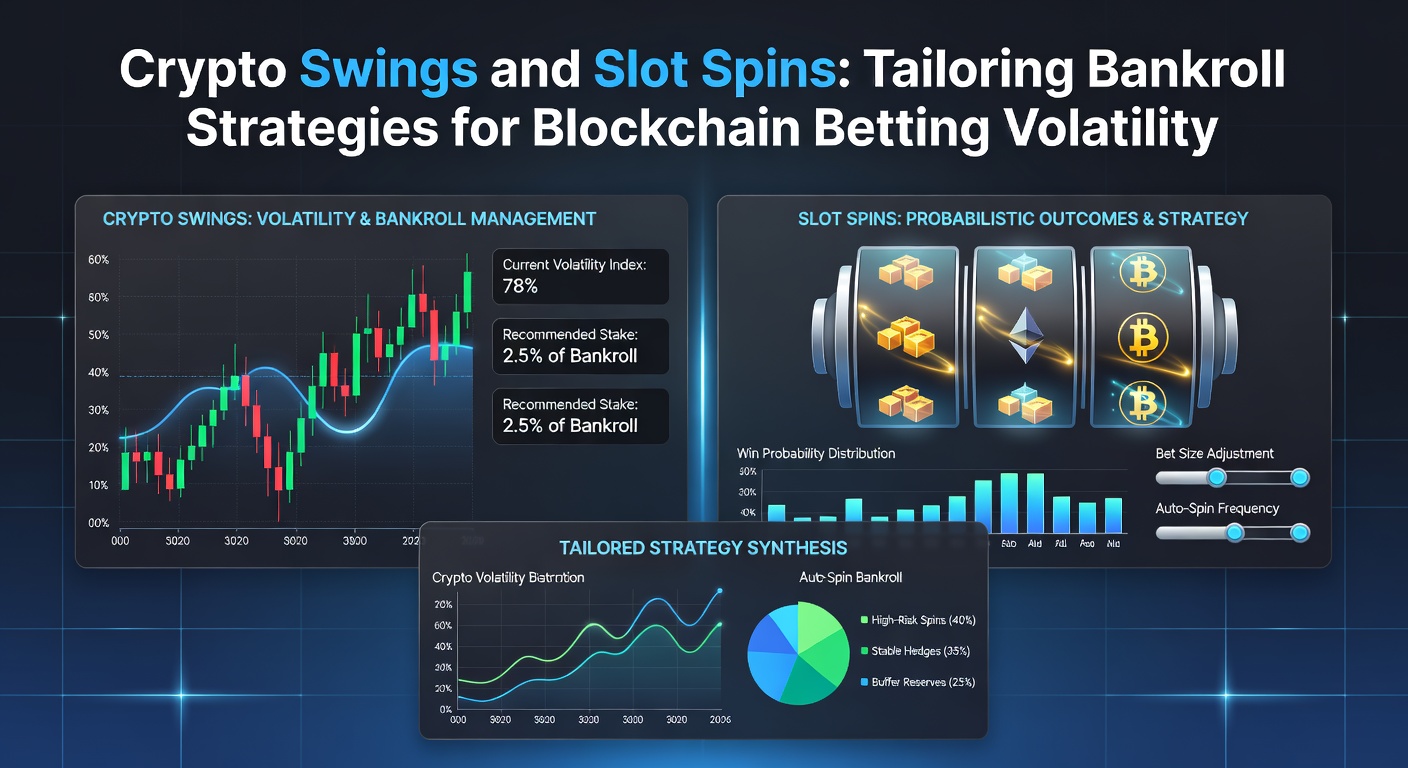 Illustration of a bankroll management dashboard on a crypto betting app, displaying volatility charts, wager limits, and real-time crypto balances
