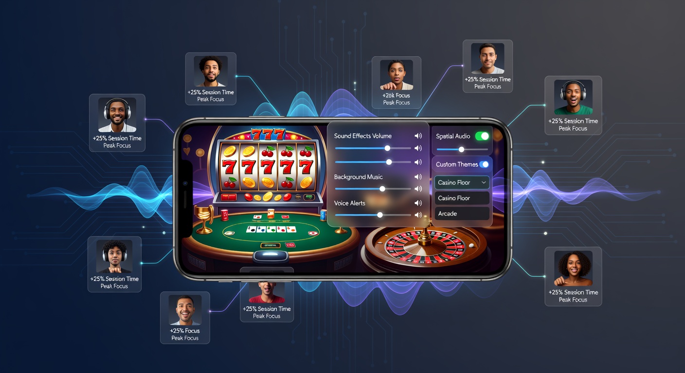 Mobile gambling app interface showing audio customization sliders and sound settings panel