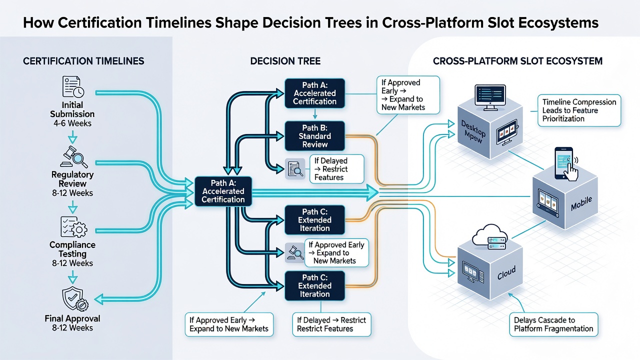 Flowchart illustrating how modular decision tree nodes align with certification checkpoints for cross-platform slot releases