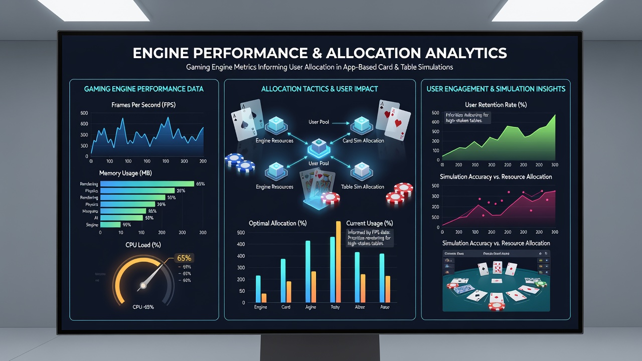 Gaming engine performance dashboard displaying real-time metrics for mobile card simulations
