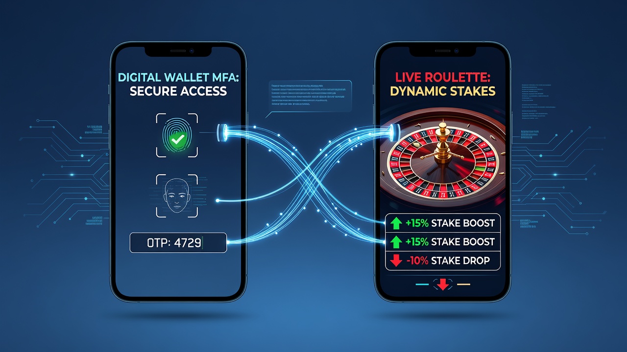 Smartphone screen showing live roulette interface with digital wallet authentication prompt overlaid