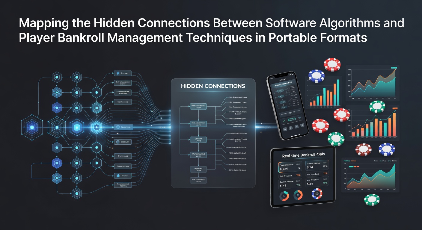 Illustration showing interconnected software algorithms and mobile bankroll management interfaces on portable devices