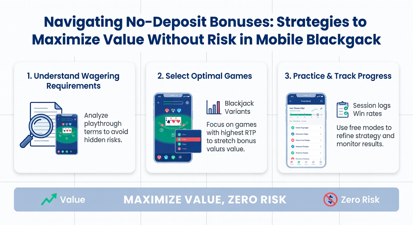 Infographic outlining key strategies for no-deposit bonuses in blackjack, including wagering paths, table selection, and bankroll tracking on a mobile interface
