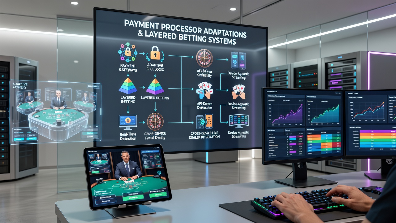 Cross-device live dealer setup showing transaction flows and betting interfaces