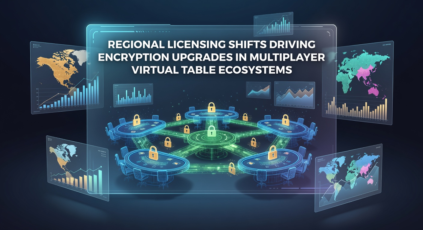 Regional regulatory documents and encryption protocol diagrams displayed alongside virtual table interfaces