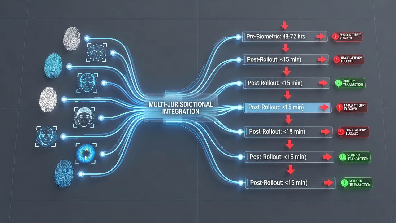 Network diagram illustrating data flow between biometric servers across multiple regulatory jurisdictions